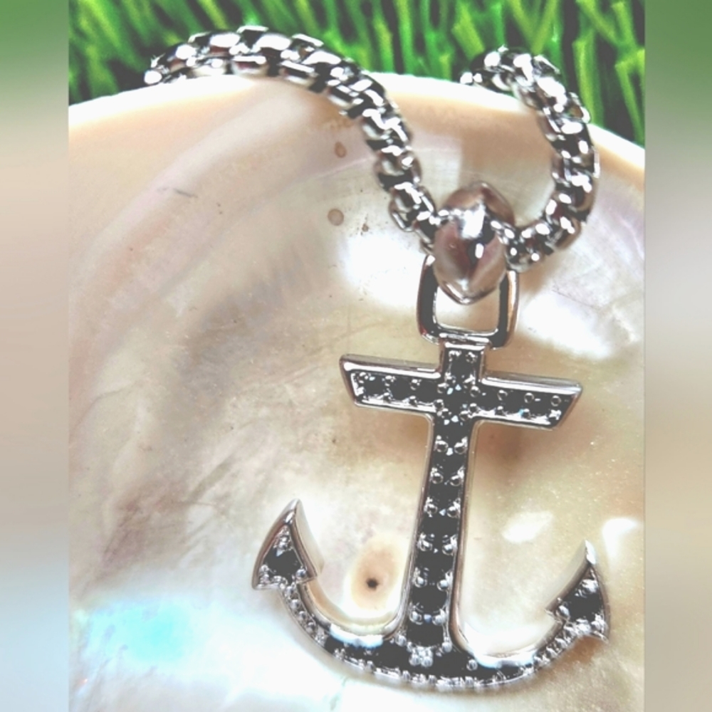 DAVID YURMAN SS Anchor AMULET Black Diamonds 2.7mm Box Chain 20"  Necklace NIB
